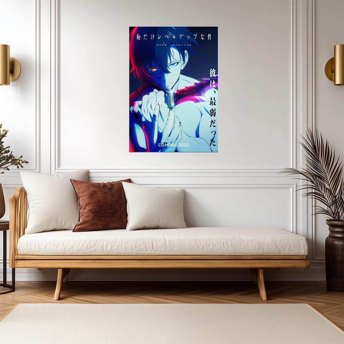Solo Leveling Poster | Sung Jinwoo with a Dagger | Red and Blue Portrait - Anime Poster
