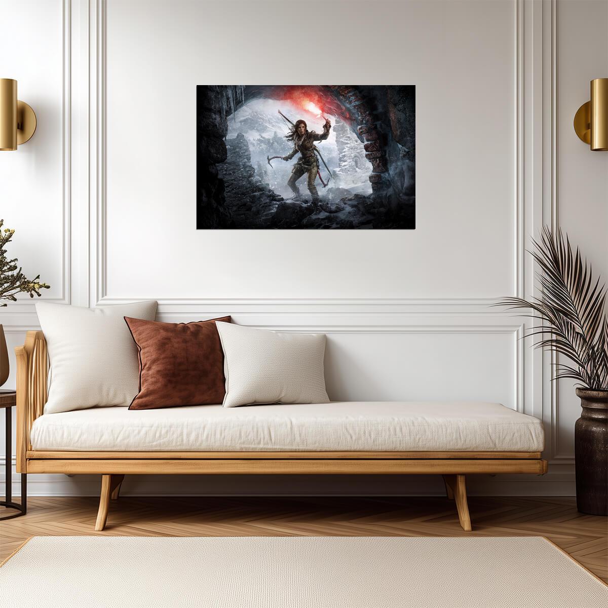 Rise of the Tomb Raider Poster | Lara Croft with a Red Flare in an Ice Cave - Video Games Poster