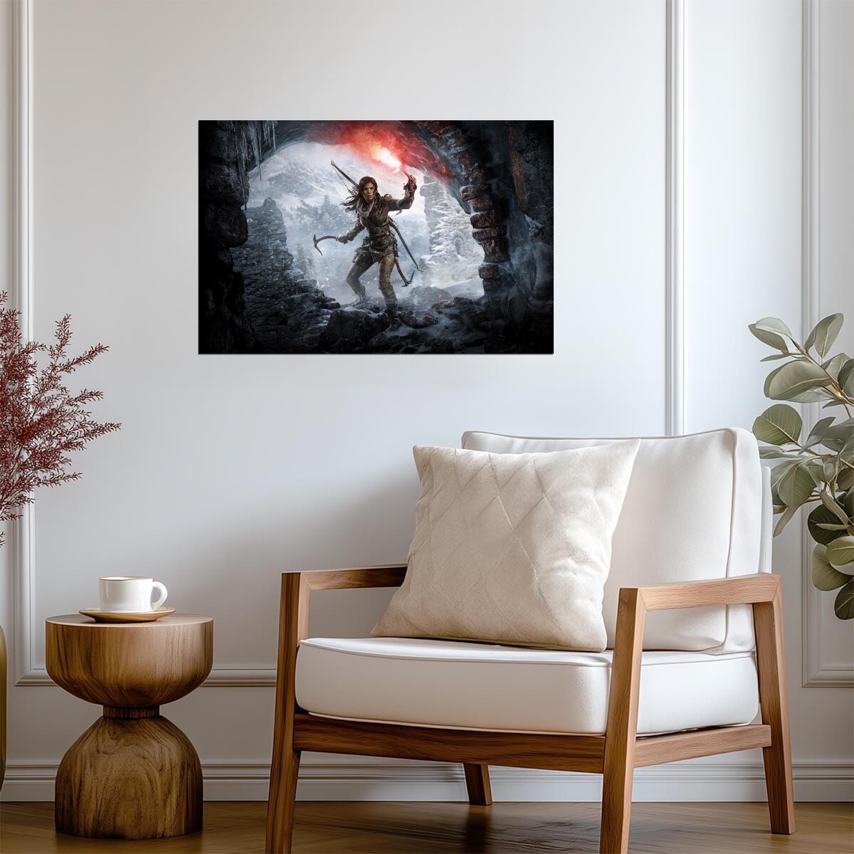 Rise of the Tomb Raider Poster | Lara Croft with a Red Flare in an Ice Cave - Video Games Poster