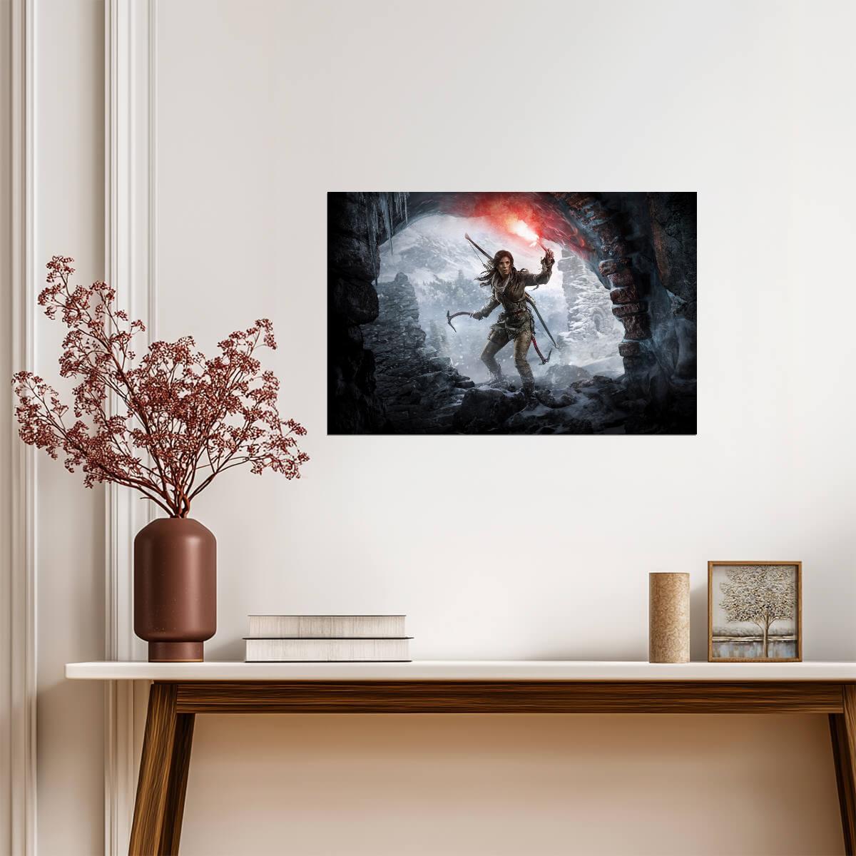 Rise of the Tomb Raider Poster | Lara Croft with a Red Flare in an Ice Cave - Video Games Poster