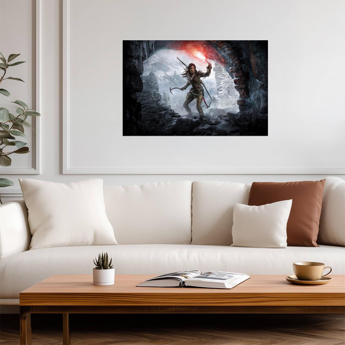 Rise of the Tomb Raider Poster | Lara Croft with a Red Flare in an Ice Cave - Video Games Poster