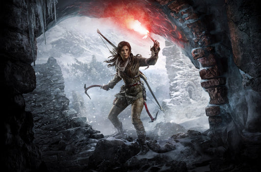 Rise of the Tomb Raider Poster | Lara Croft with a Red Flare in an Ice Cave - Video Games Poster