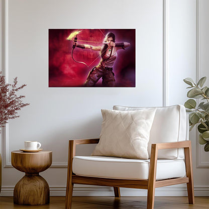 Tomb Raider Poster | Lara Croft Aiming a Fire Arrow Against a Pink Background - Video Games Poster