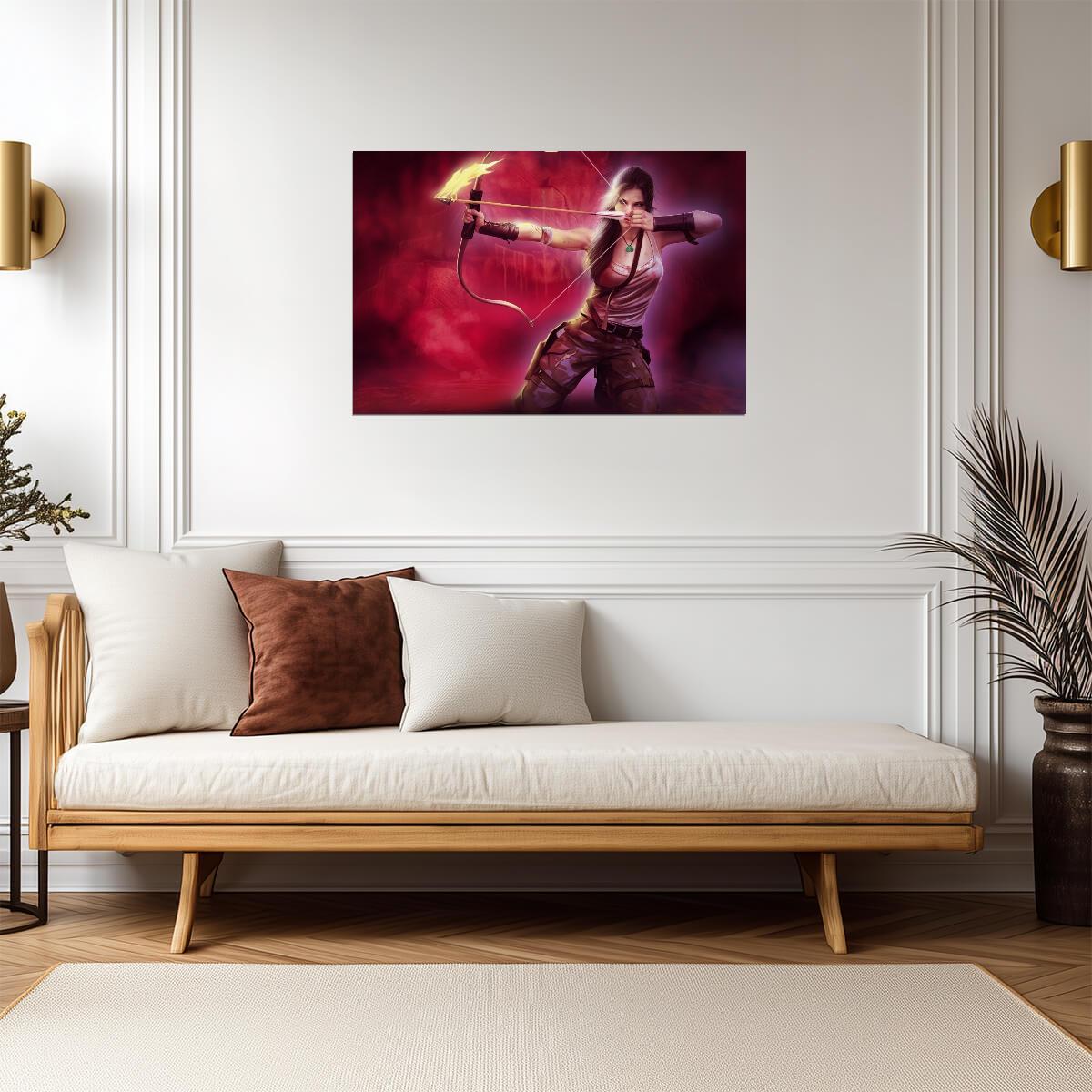 Tomb Raider Poster | Lara Croft Aiming a Fire Arrow Against a Pink Background - Video Games Poster