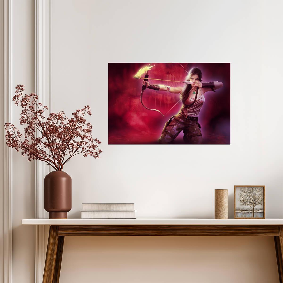Tomb Raider Poster | Lara Croft Aiming a Fire Arrow Against a Pink Background - Video Games Poster