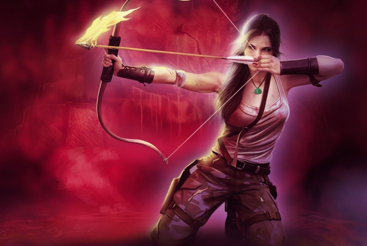 Tomb Raider Poster | Lara Croft Aiming a Fire Arrow Against a Pink Background - Video Games Poster