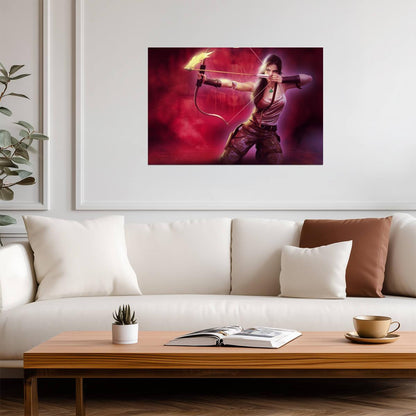 Tomb Raider Poster | Lara Croft Aiming a Fire Arrow Against a Pink Background - Video Games Poster