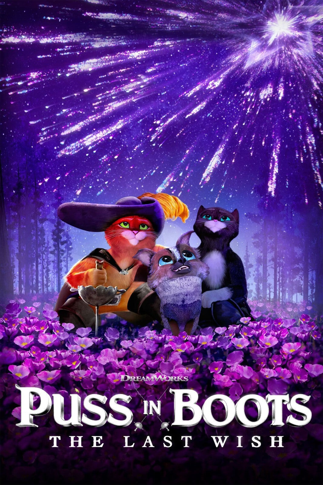 Puss in Boots The Last Wish Movie Poster | Wishing Star above the Purple Flowers - Movies & TV Poster