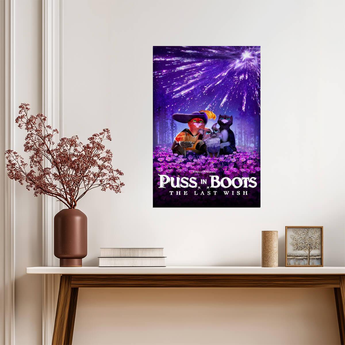 Puss in Boots The Last Wish Movie Poster | Wishing Star above the Purple Flowers - Movies & TV Poster