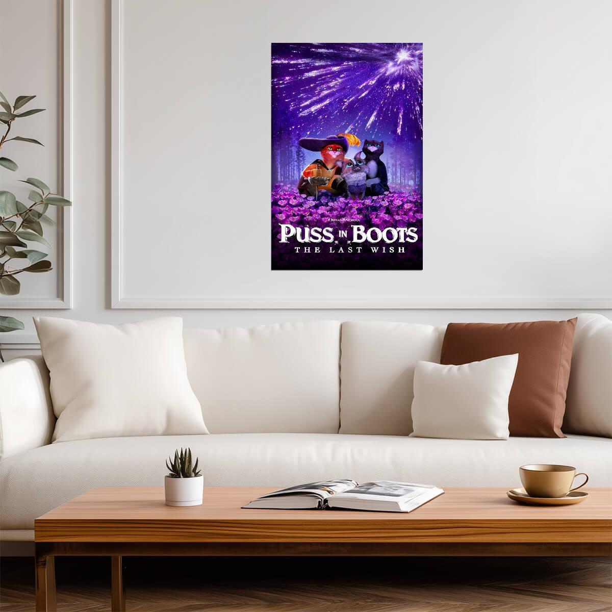 Puss in Boots The Last Wish Movie Poster | Wishing Star above the Purple Flowers - Movies & TV Poster