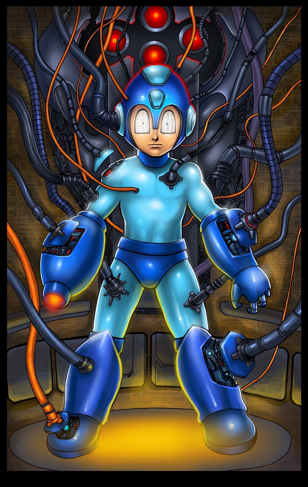 Mega Man Poster | Robot Portrait Connected to Wires - Video Games Poster