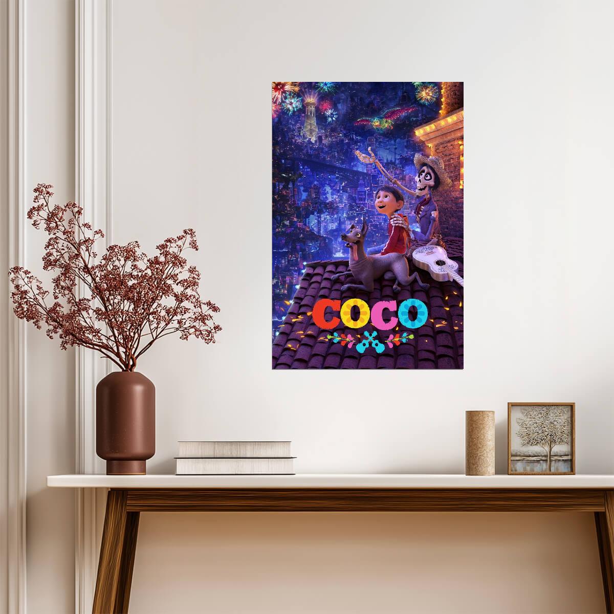 Coco 2017 Movie Poster | Rooftop Fireworks with Miguel and Hector - Movies & TV Poster