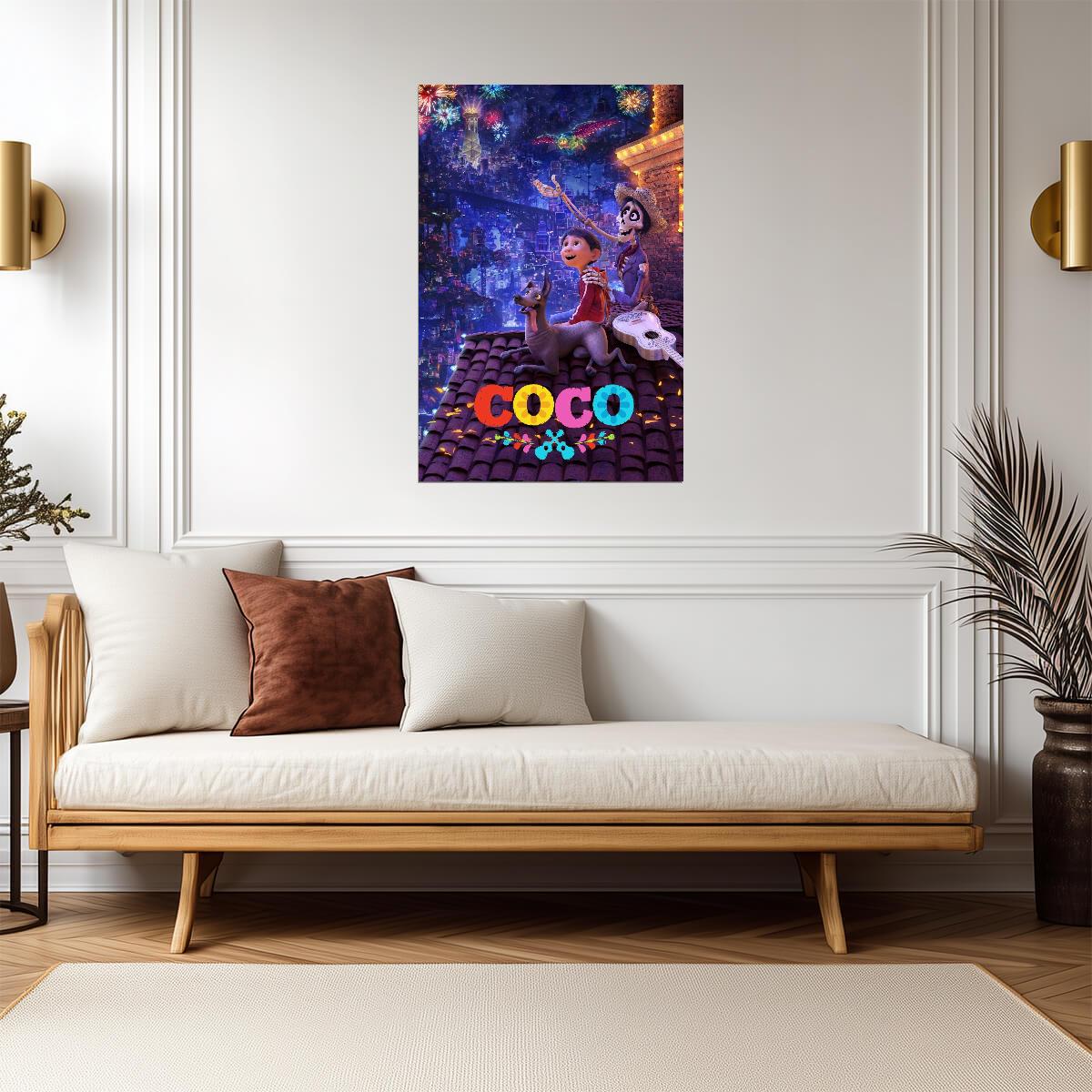 Coco 2017 Movie Poster | Rooftop Fireworks with Miguel and Hector - Movies & TV Poster
