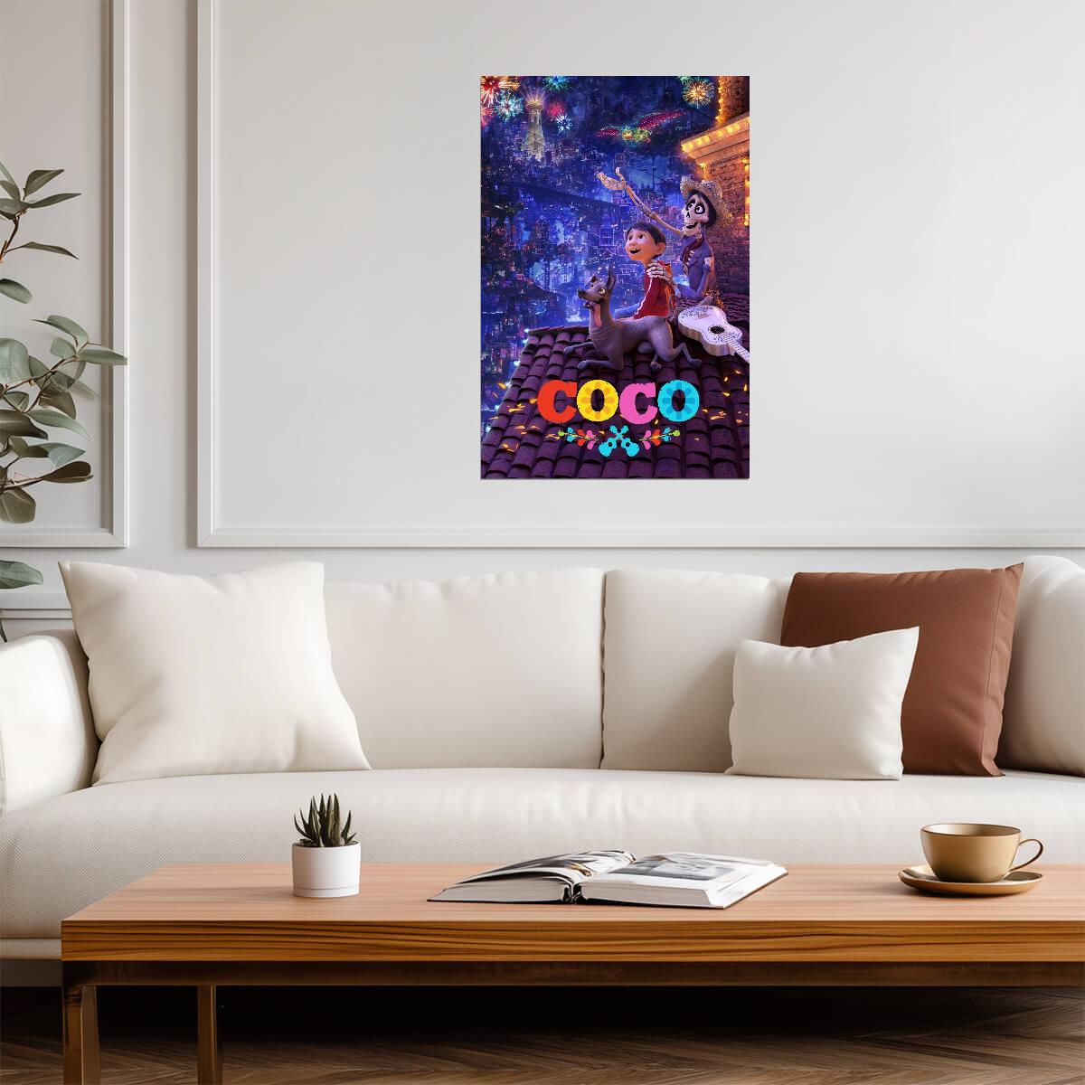 Coco 2017 Movie Poster | Rooftop Fireworks with Miguel and Hector - Movies & TV Poster