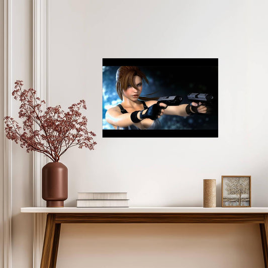 Tomb Raider Poster | Lara Croft Aiming Dual Pistols | Close-Up Illustration - Video Games Poster