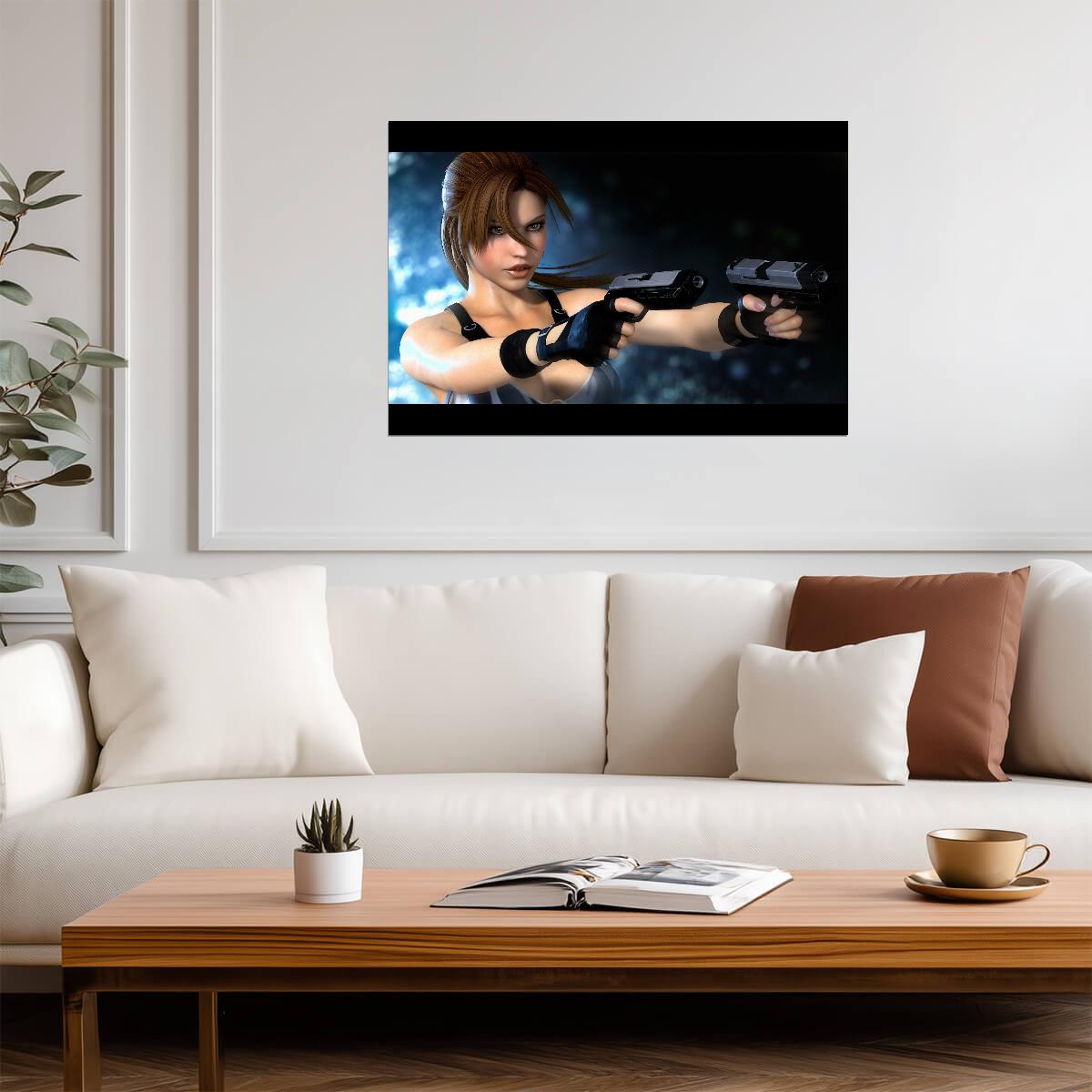 Tomb Raider Poster | Lara Croft Aiming Dual Pistols | Close-Up Illustration - Video Games Poster