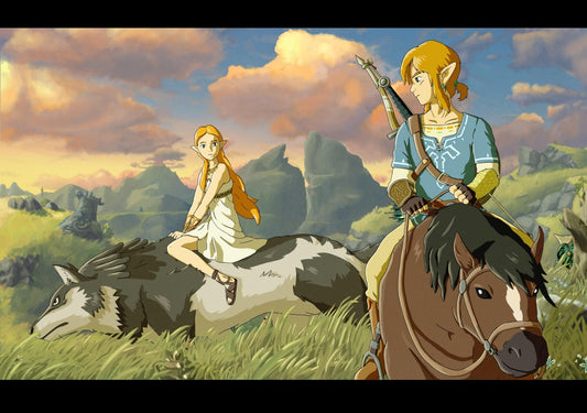 The Legend of Zelda: Breath of the Wild Poster | Link on Horseback and Zelda with a Wolf - Video Games Poster