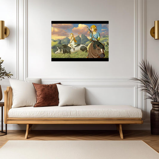 The Legend of Zelda: Breath of the Wild Poster | Link on Horseback and Zelda with a Wolf - Video Games Poster