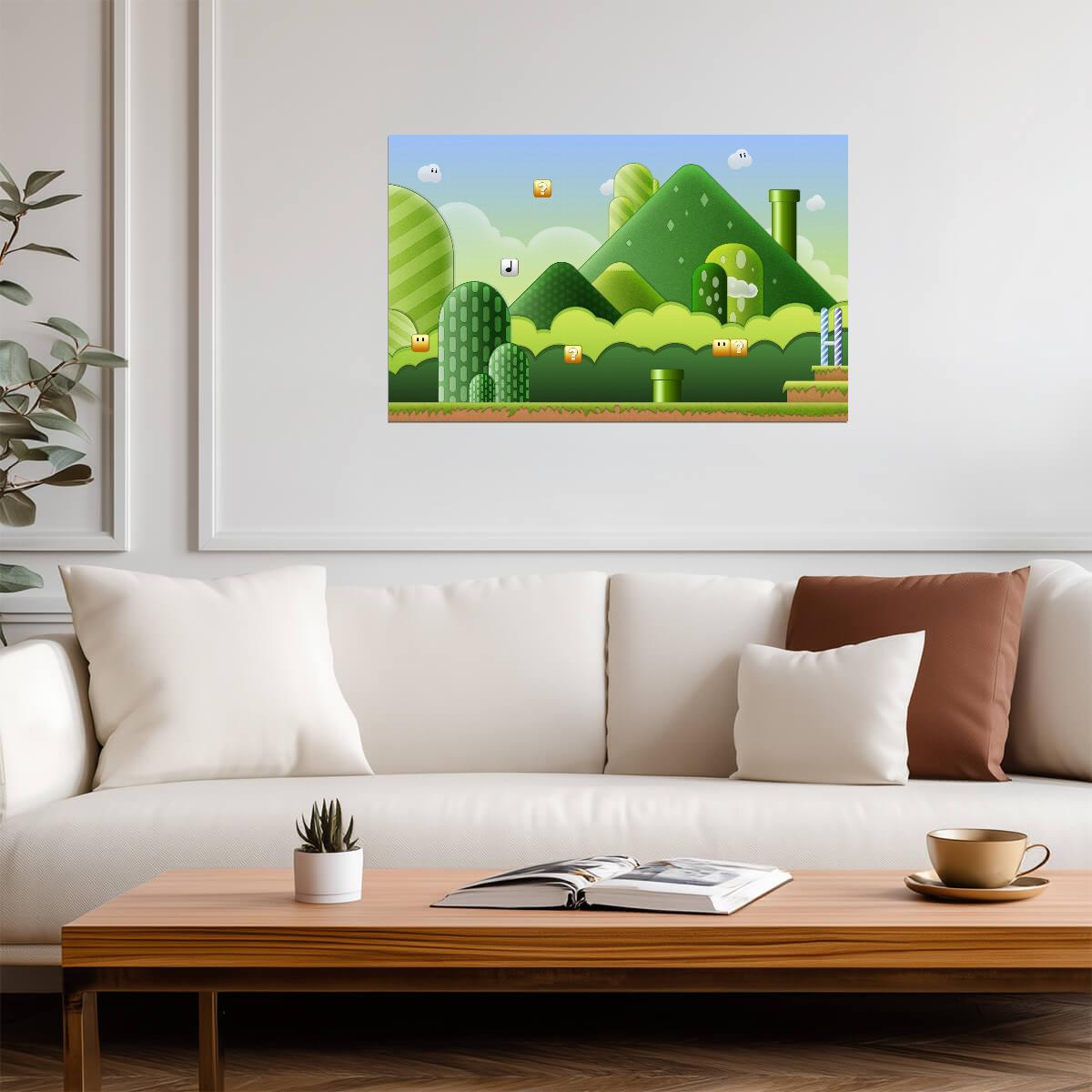 Super Mario Poster | Mushroom Kingdom Hills, Pipes and Question Blocks - Video Games Poster