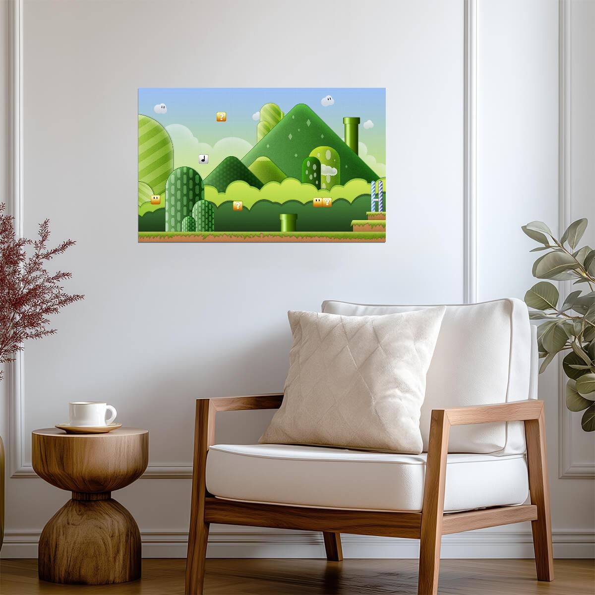 Super Mario Poster | Mushroom Kingdom Hills, Pipes and Question Blocks - Video Games Poster