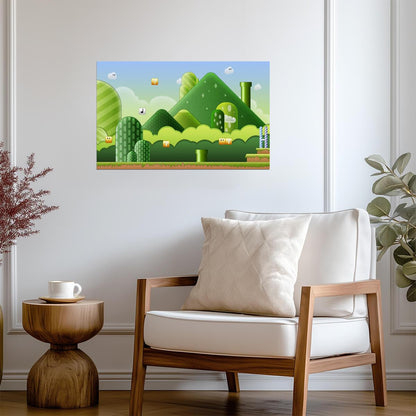 Super Mario Poster | Mushroom Kingdom Hills, Pipes and Question Blocks - Video Games Poster