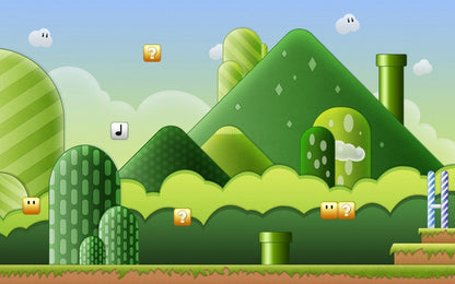 Super Mario Poster | Mushroom Kingdom Hills, Pipes and Question Blocks - Video Games Poster