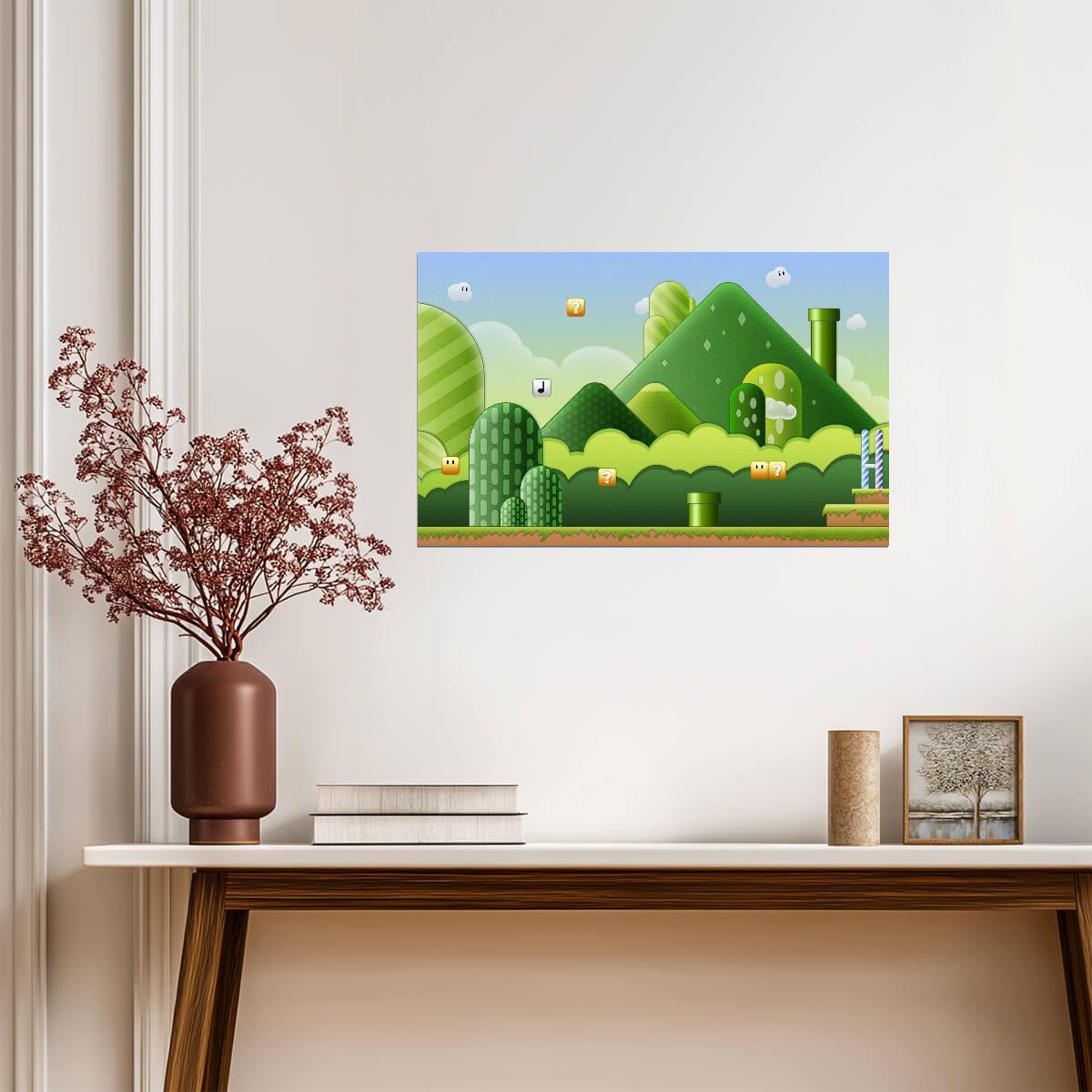 Super Mario Poster | Mushroom Kingdom Hills, Pipes and Question Blocks - Video Games Poster