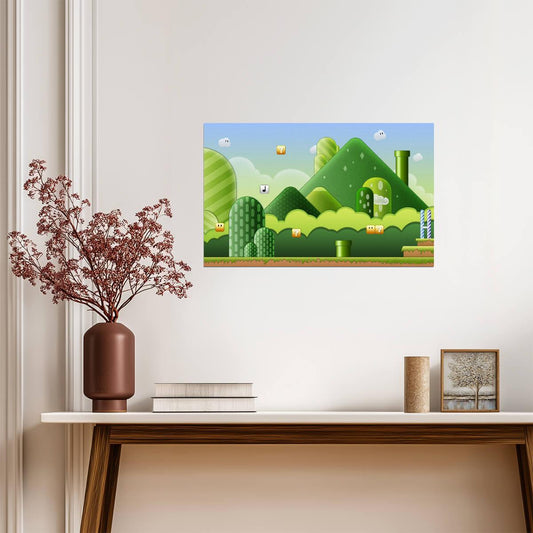 Super Mario Poster | Mushroom Kingdom Hills, Pipes and Question Blocks - Video Games Poster