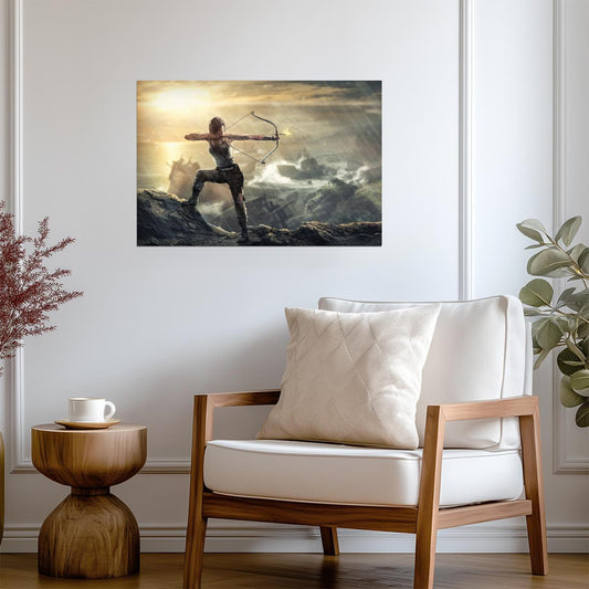 Rise of the Tomb Raider Poster | Lara Croft Drawing a Bow Above the Valley - Video Games Poster