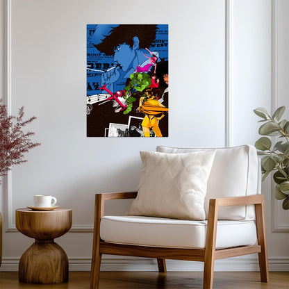 Cowboy Bebop Poster | Spike, Faye, Jet and Edward | Blue Graphic Collage - Anime Poster