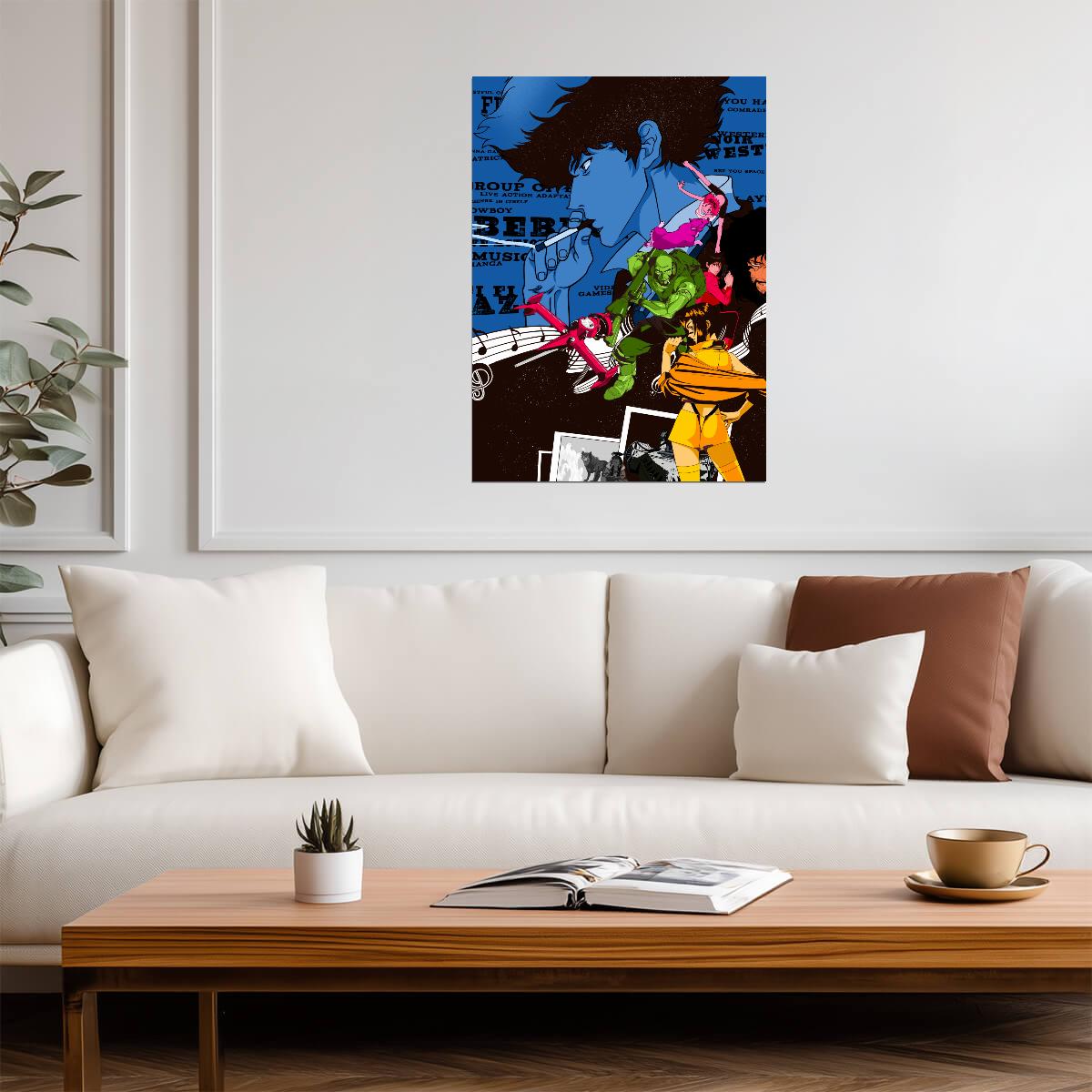 Cowboy Bebop Poster | Spike, Faye, Jet and Edward | Blue Graphic Collage - Anime Poster