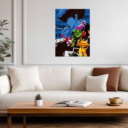 Cowboy Bebop Poster | Spike, Faye, Jet and Edward | Blue Graphic Collage - Anime Poster