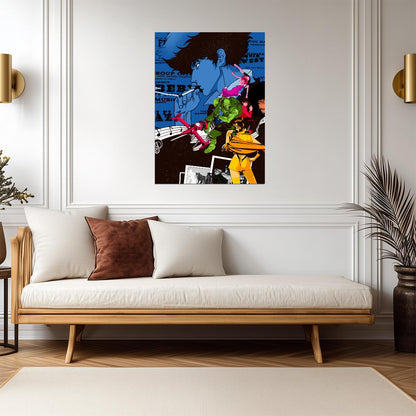 Cowboy Bebop Poster | Spike, Faye, Jet and Edward | Blue Graphic Collage - Anime Poster