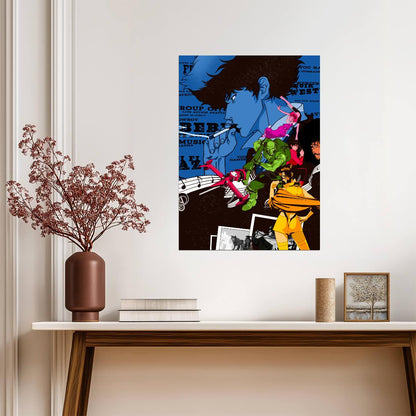 Cowboy Bebop Poster | Spike, Faye, Jet and Edward | Blue Graphic Collage - Anime Poster