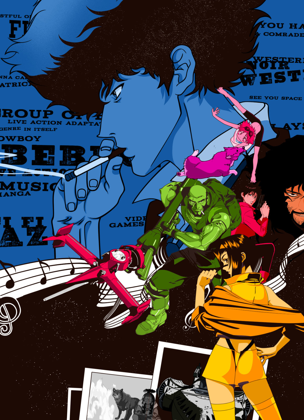 Cowboy Bebop Poster | Spike, Faye, Jet and Edward | Blue Graphic Collage - Anime Poster