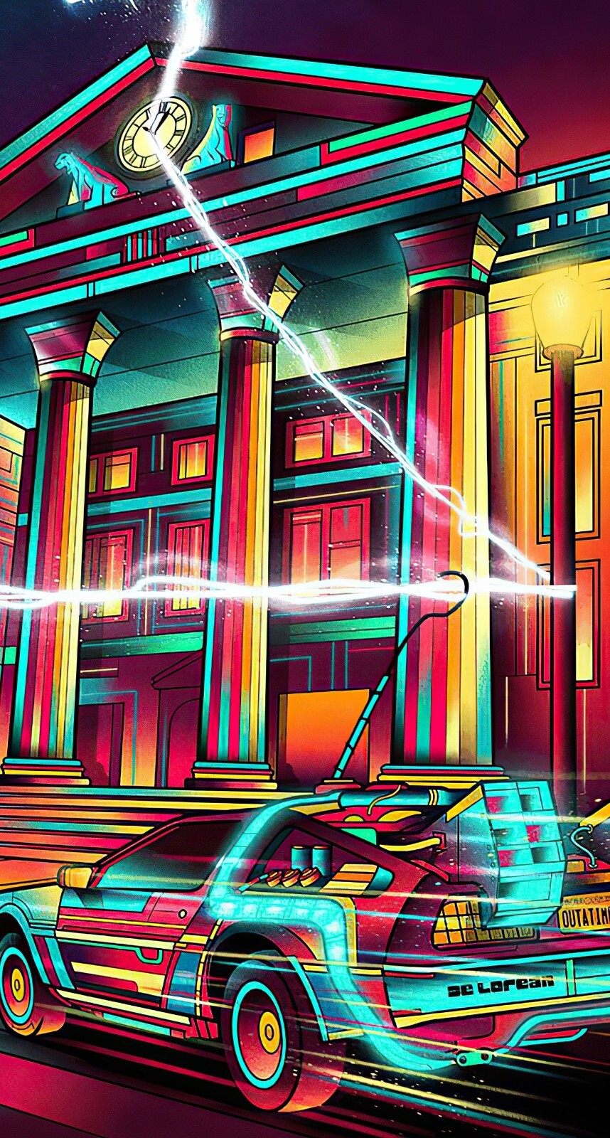 Back to the Future Movie Poster | Neon DeLorean and Clock Tower - Movies & TV Poster