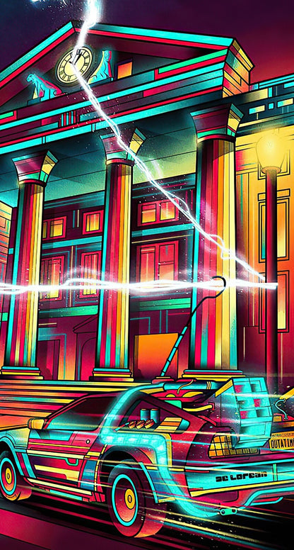 Back to the Future Movie Poster | Neon DeLorean and Clock Tower - Movies & TV Poster