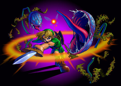 The Legend of Zelda: Ocarina of Time Poster | Link Fighting a Deku Baba - Video Games Poster