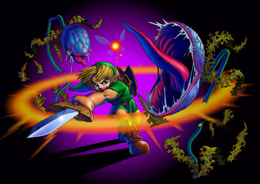 The Legend of Zelda: Ocarina of Time Poster | Link Fighting a Deku Baba - Video Games Poster