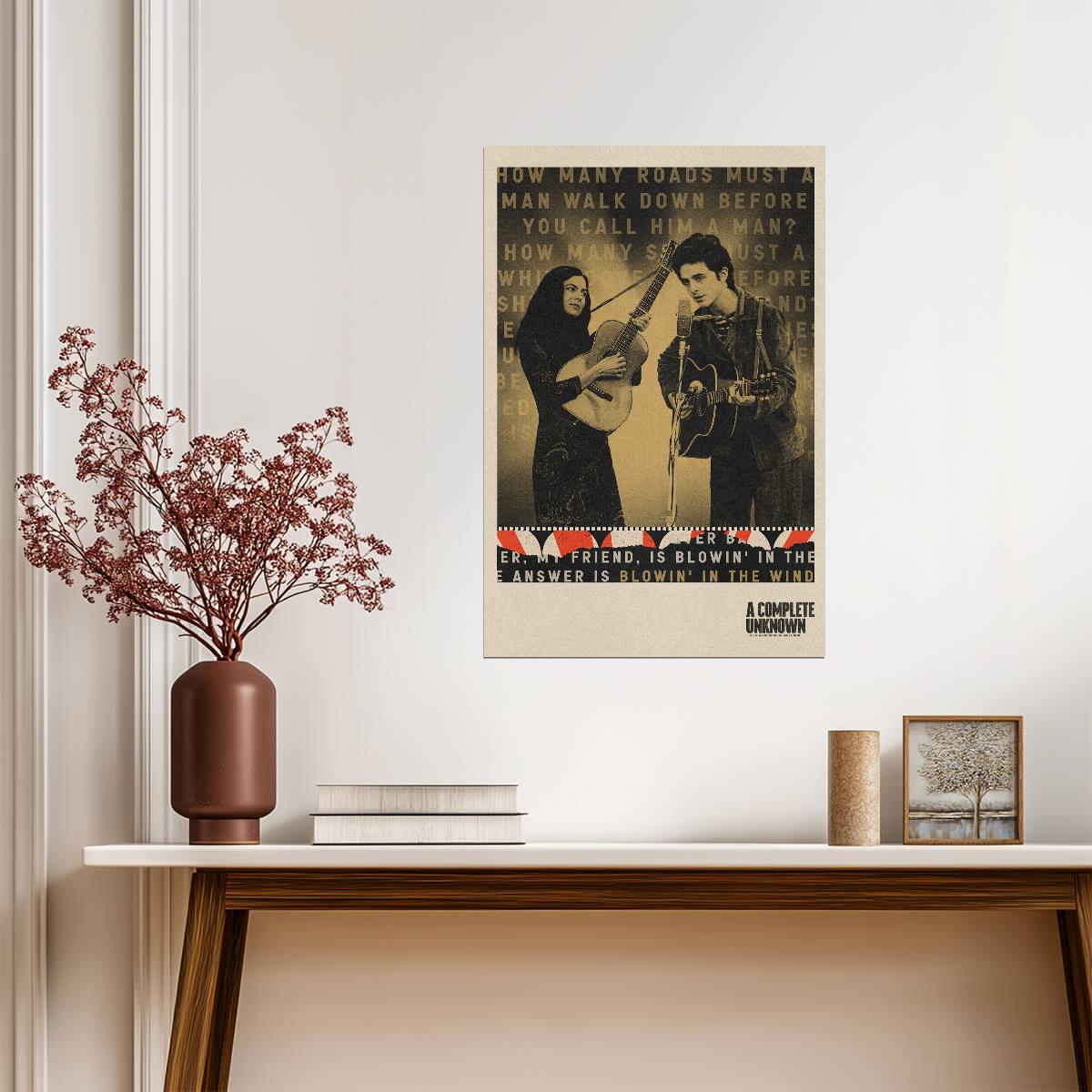A Complete Unknown Poster | Bob Dylan and Joan Baez | Blowin in the Wind Lyrics Print - Movies & TV Poster