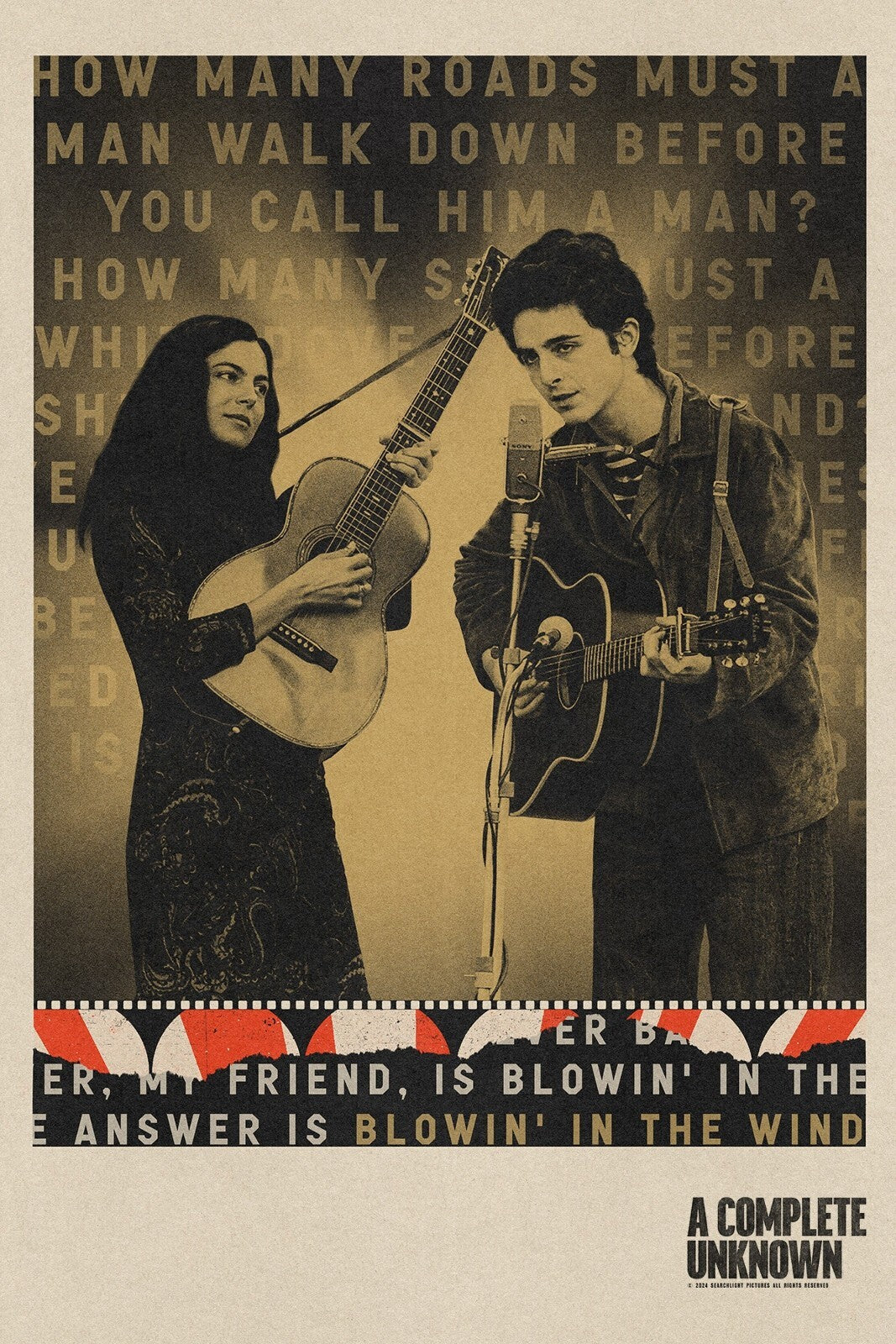 A Complete Unknown Poster | Bob Dylan and Joan Baez | Blowin in the Wind Lyrics Print - Movies & TV Poster
