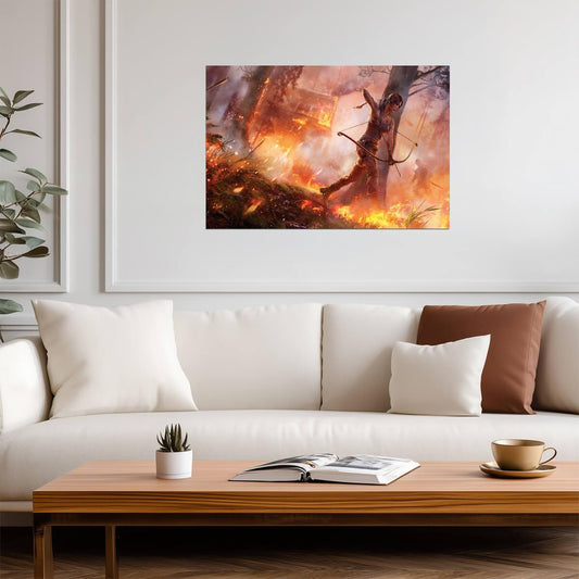 Tomb Raider Poster | Lara Croft Aiming a Fire Arrow in a Burning Forest - Video Games Poster