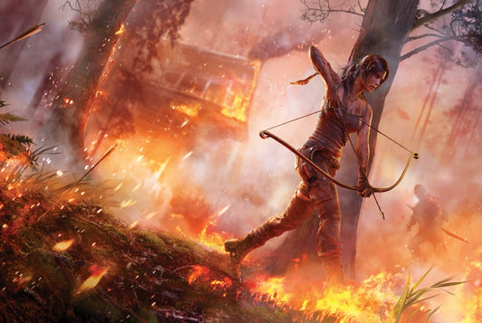 Tomb Raider Poster | Lara Croft Aiming a Fire Arrow in a Burning Forest - Video Games Poster