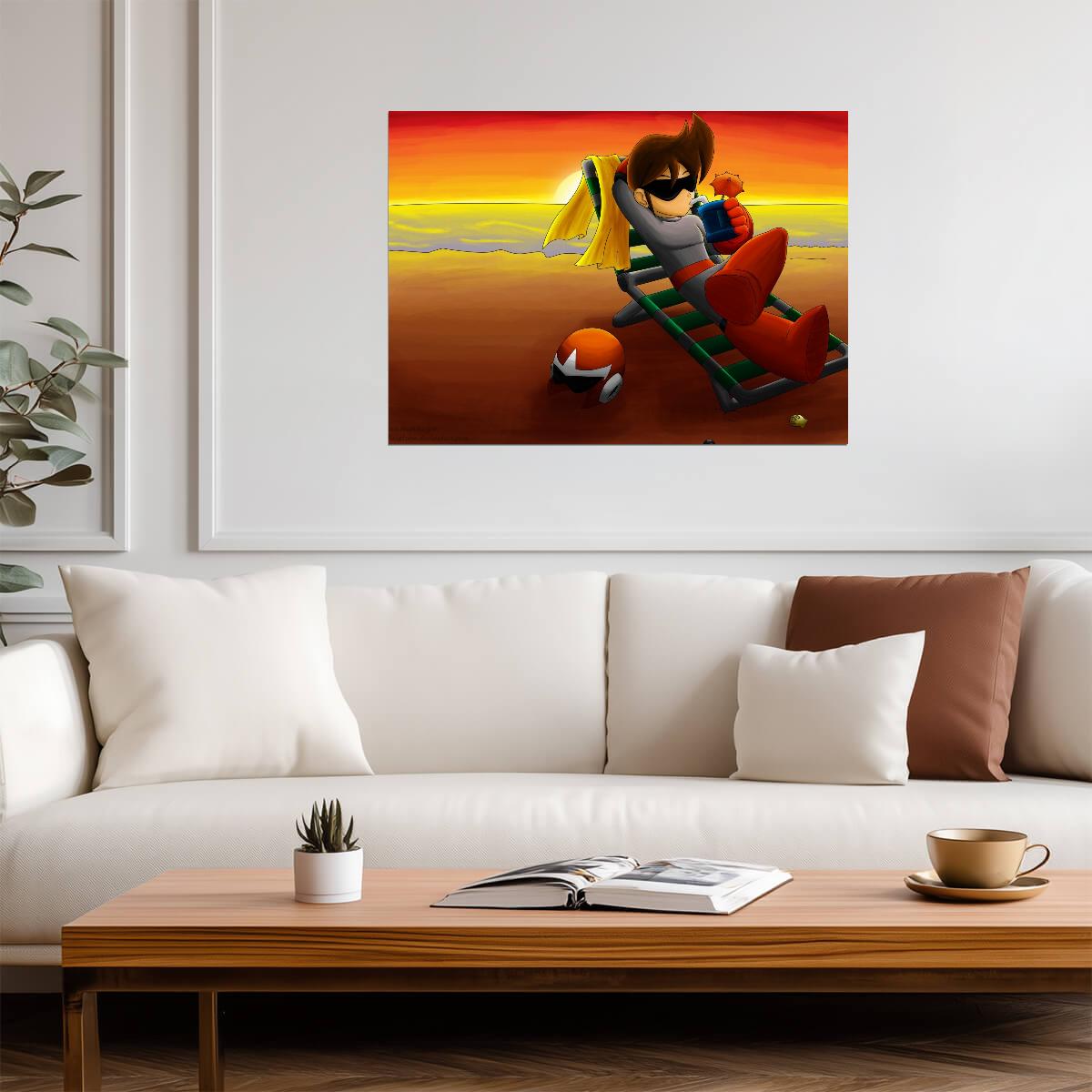 Mega Man Poster | Proto Man at the Beach | Sunset Illustration - Video Games Poster