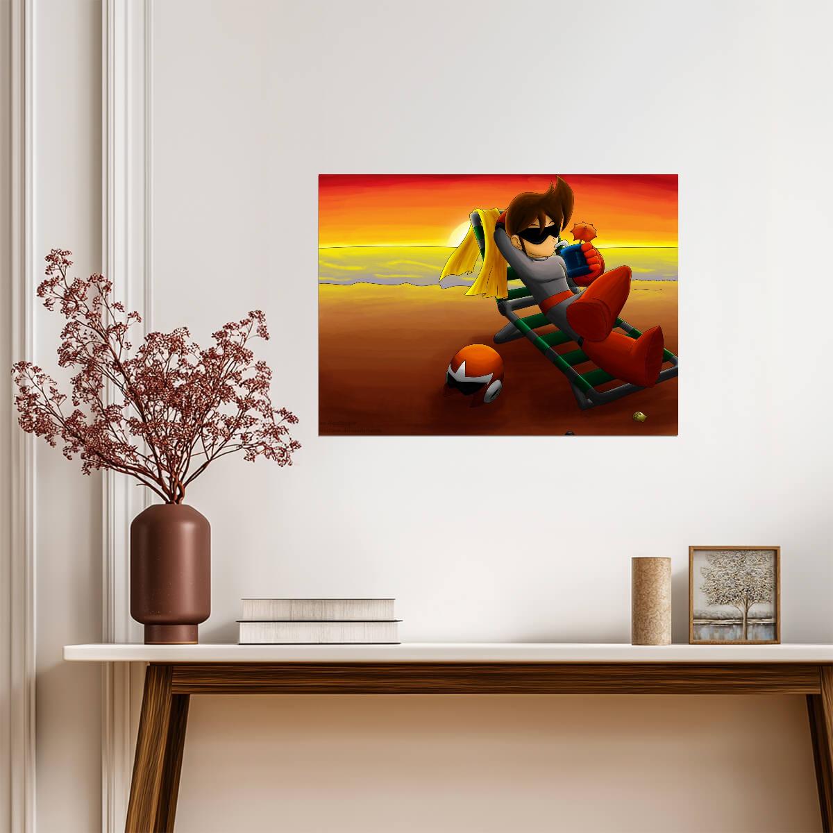 Mega Man Poster | Proto Man at the Beach | Sunset Illustration - Video Games Poster