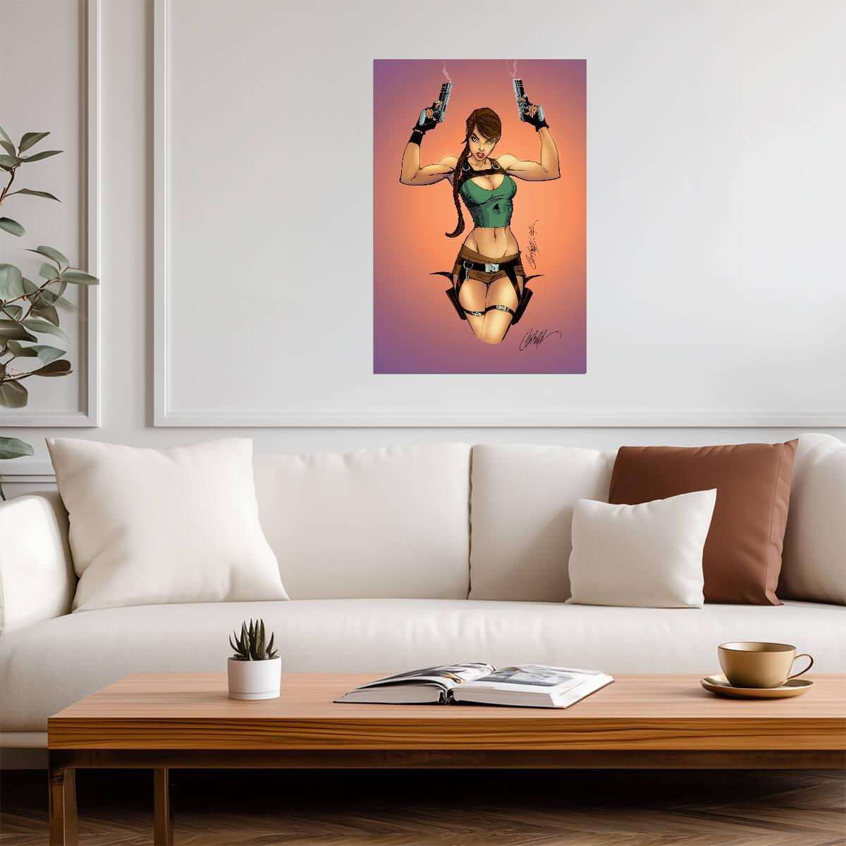 Tomb Raider Poster | Sexy Lara Croft with Dual Pistols | Pin-Up Illustration - Video Games Poster