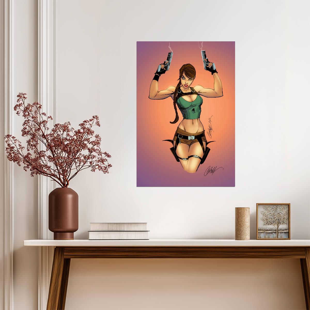 Tomb Raider Poster | Sexy Lara Croft with Dual Pistols | Pin-Up Illustration - Video Games Poster
