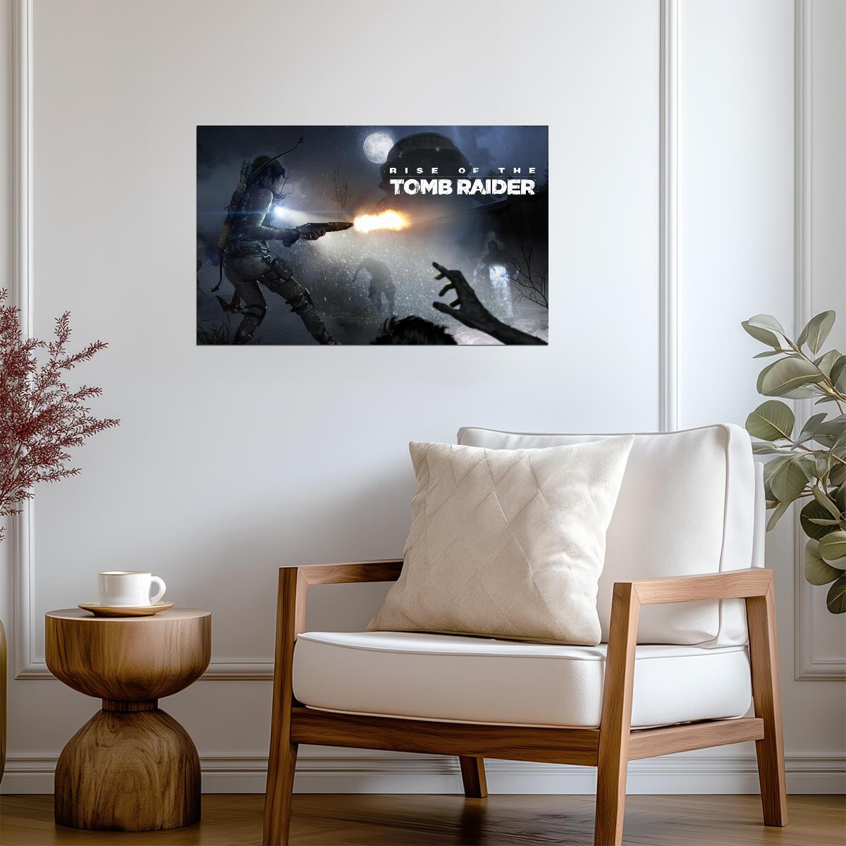 Rise of the Tomb Raider Poster | Lara Croft Firing a Rifle at a Bear - Video Games Poster