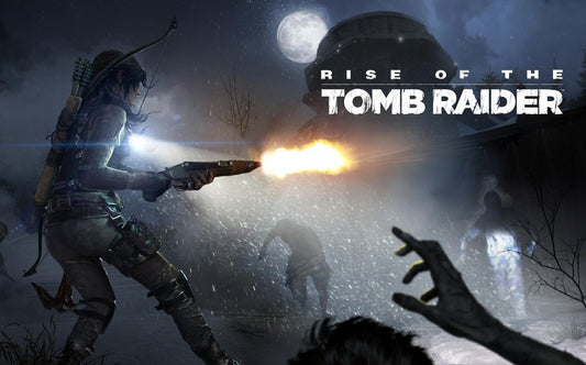 Rise of the Tomb Raider Poster | Lara Croft Firing a Rifle at a Bear - Video Games Poster