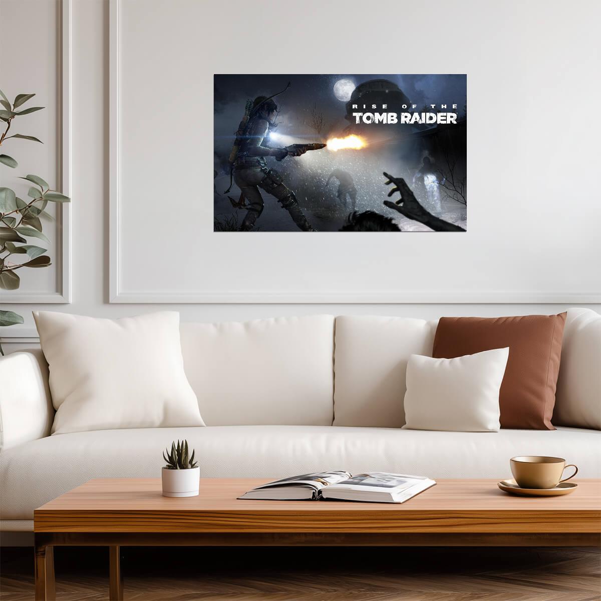 Rise of the Tomb Raider Poster | Lara Croft Firing a Rifle at a Bear - Video Games Poster
